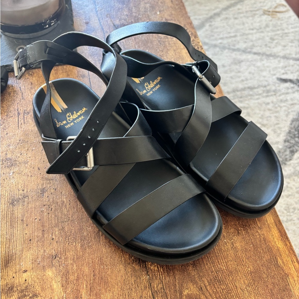 SOLD - Sam Edelman Black Leather Cross-Strap Buckle Sandals